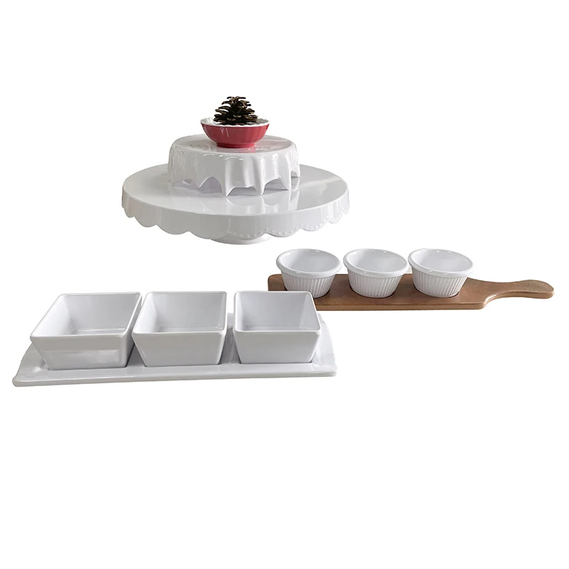 

White melamine Dip Bowl Set Rectangular Tray with 3 Serving Dishes for dessert restaurant, Multicolor