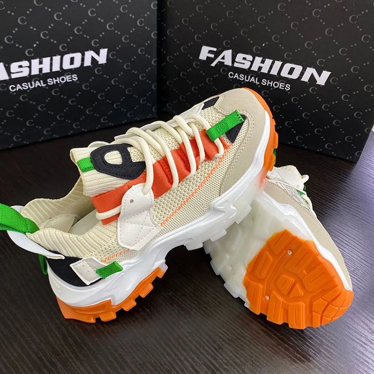 

Factory price air walking chunky platform sneakers lace-up cheap men sport shoes, White/grey/beige