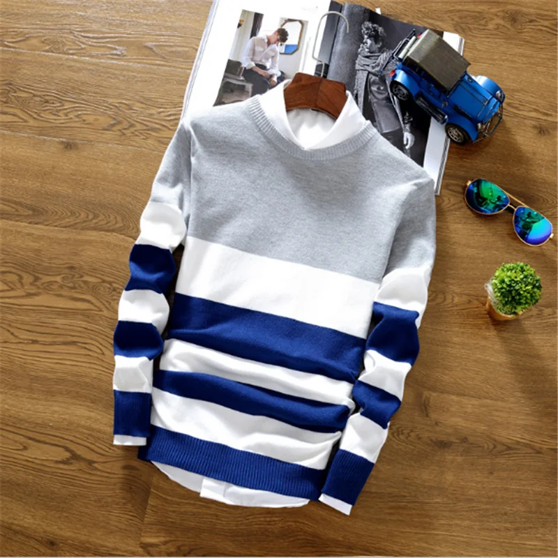 Fashion Sweater Men Design Knitting Striped Pattern Crew Neck Knitted ...