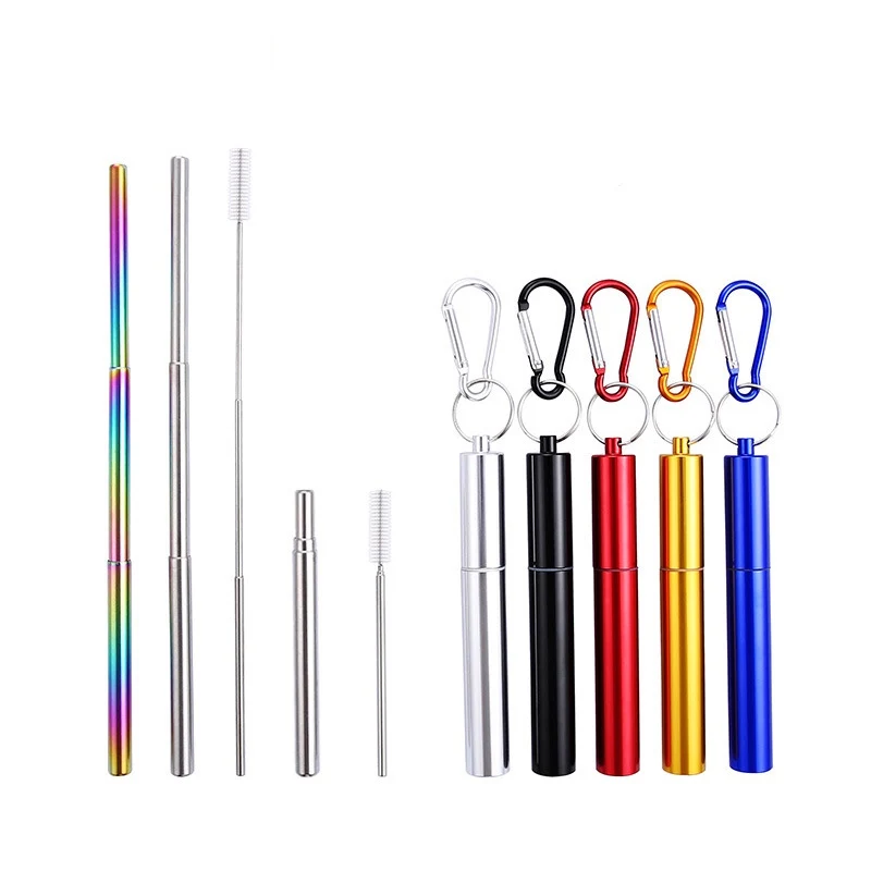 

Portable Telescopic Stainless Steel Metal Foldable Drinking Collapsible Straw Set With Cleaner and Case, Silver/gold/rose gold/rainbow/black/blue/purple