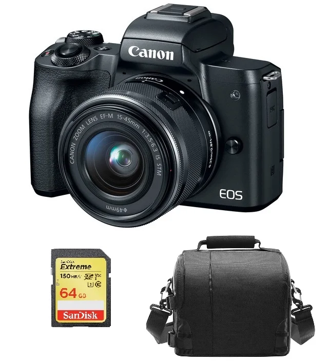 

Canon EOS M50 Mirrorless Digital Camera KIT EF-M 15-45mm F3.5-6.3 IS STM Lens Black + 64GB SD card + camera Bag