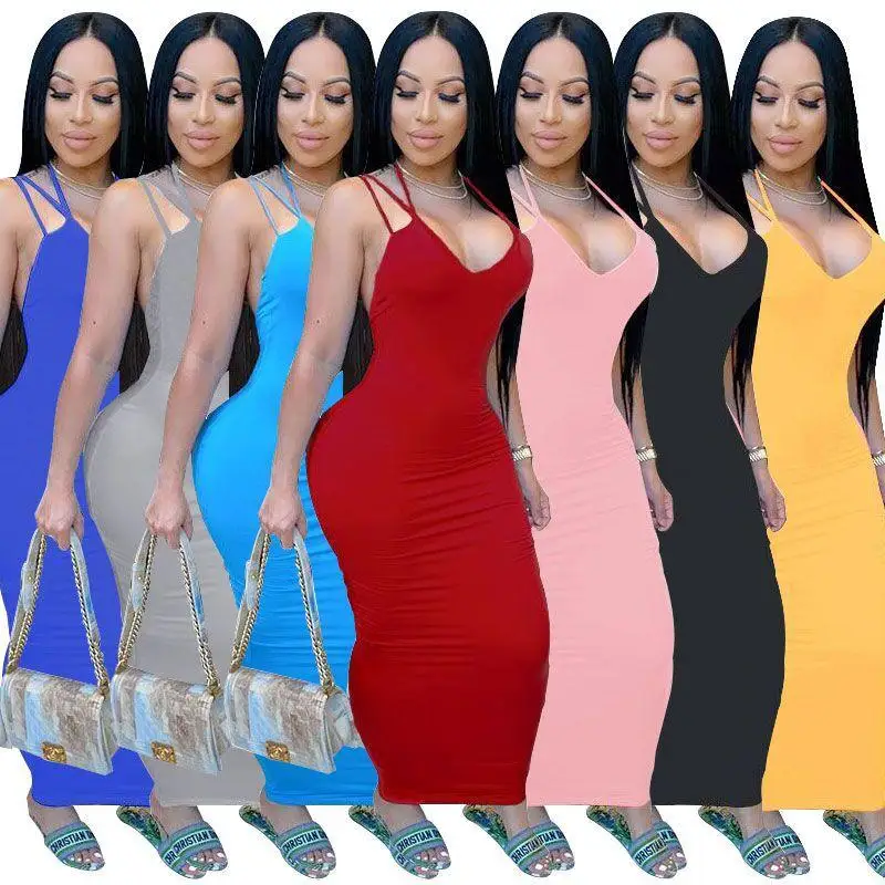 

Wholesale Plus Size 5xl Solid Color Dress Backless Long Bodycon Fashion Halter Dress