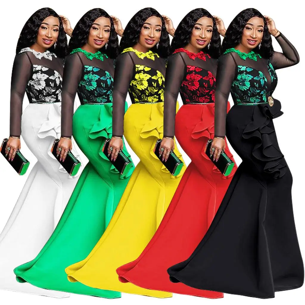 

Pullover Printing Evening Dresses Ruffles Gauze Lace Elegant Hot Night Dress