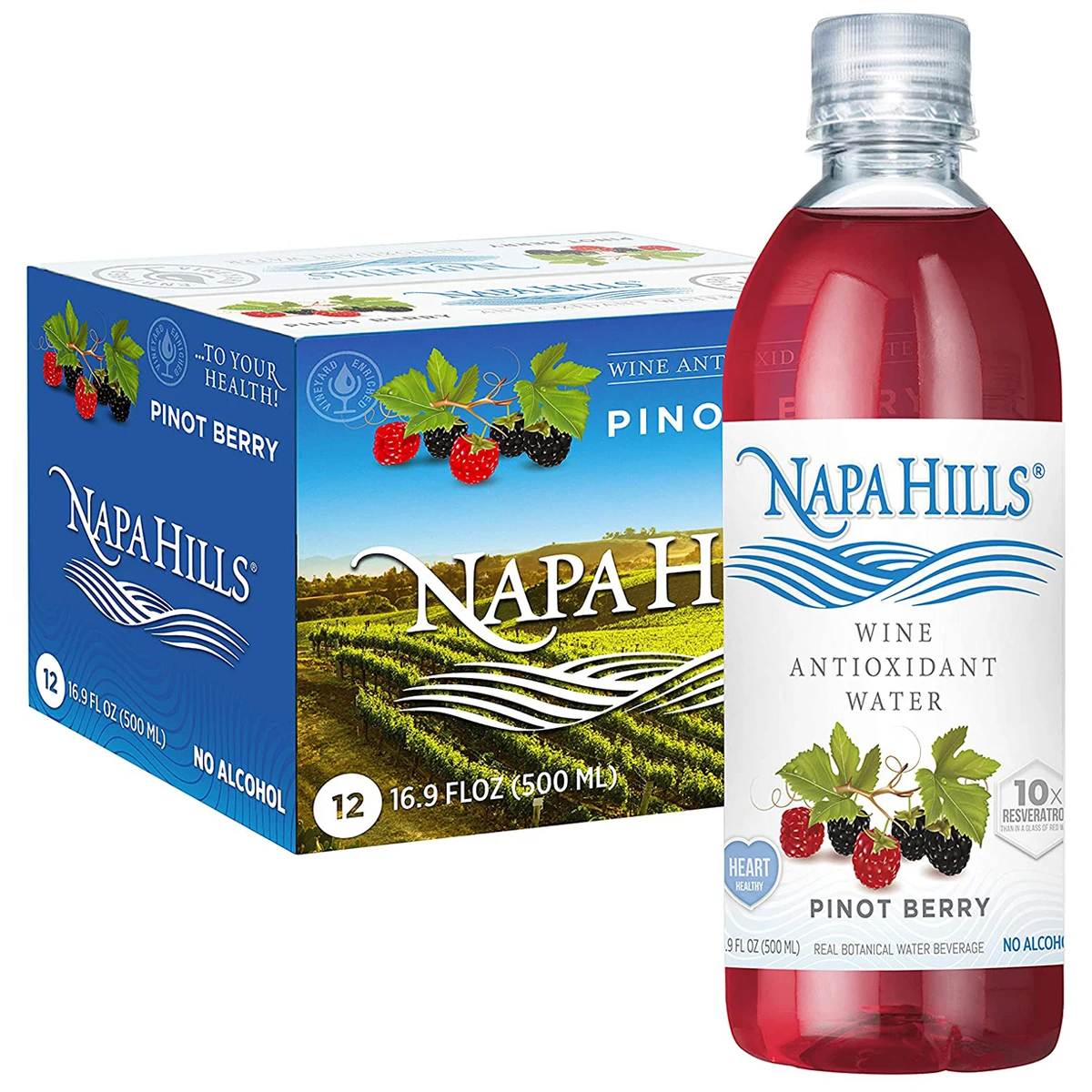 
Pinot Berry Flavored Napa Hills Wine Antioxidant Water Non Alcoholic Resveratrol Enriched Drink 12 Pack 