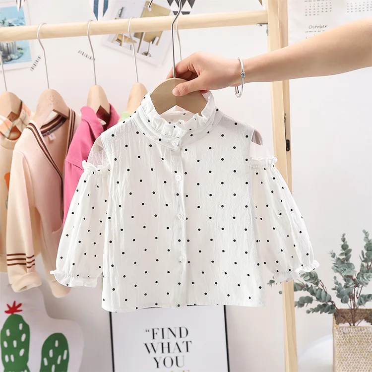 

2020 spring girls blouse white shirts baby tops dot lace korean fashion design for kids clothes children wholesale