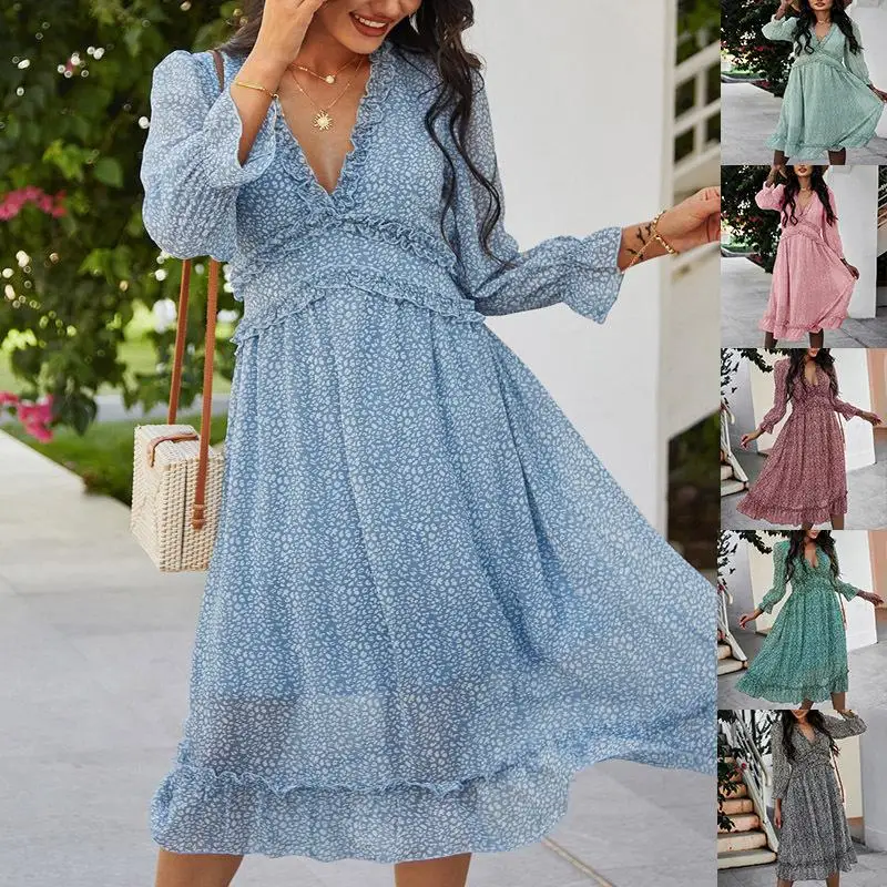 

V Neck Casual Floral Printed Dresses 2021 New Midi Casual Women Dresses Summer 2021