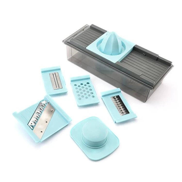 

Adjustable Mandoline Slicer Container and Lid with 4 Blades Cheese Vegetable Cutter Peeler Grater, Blue with gray