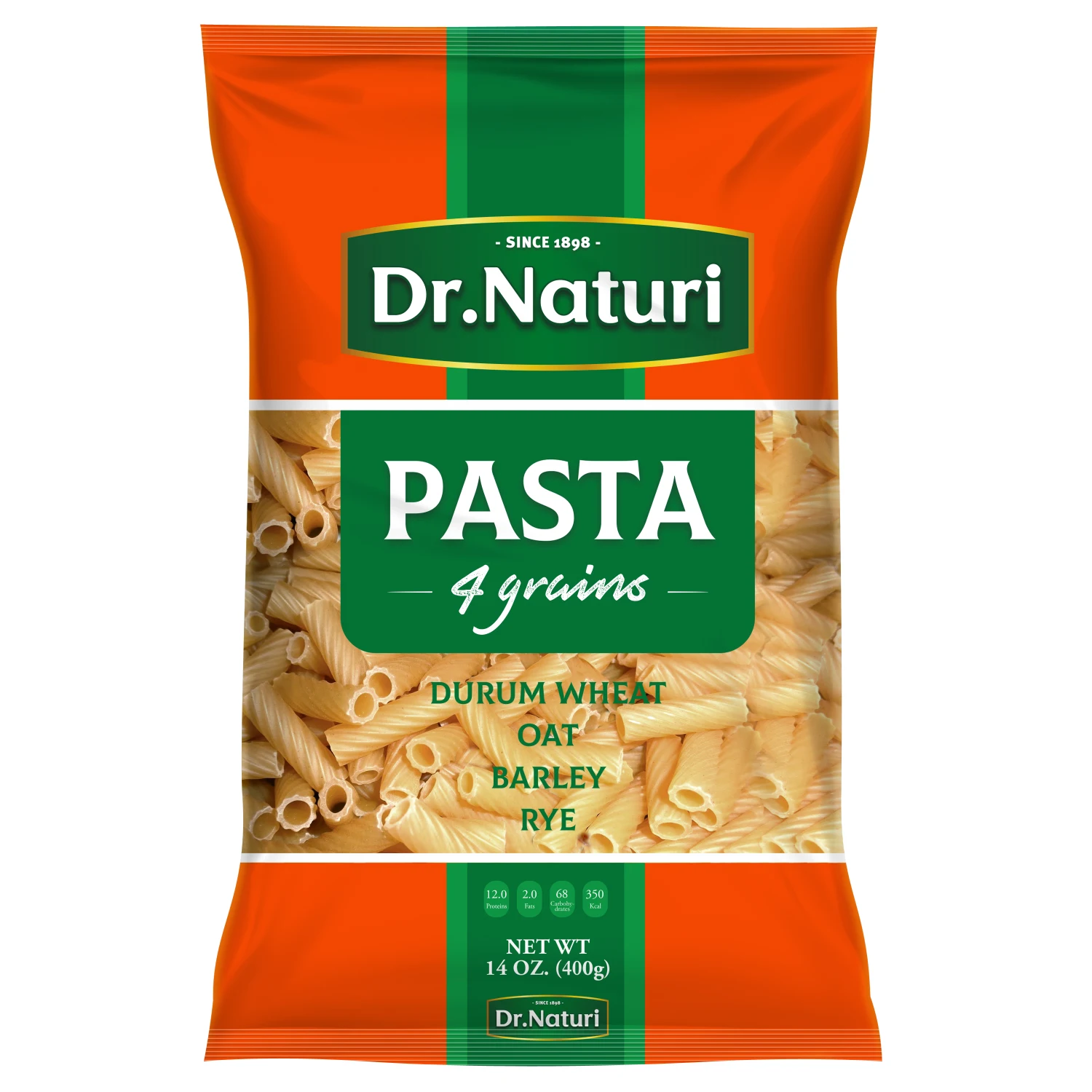 
DR. NATURY 4 GRAIN PASTA Tortiglioni Durum Wheat Refined Tubular Kosher Normal Fresh Bag ISO Rigatoni / Large Grooved 