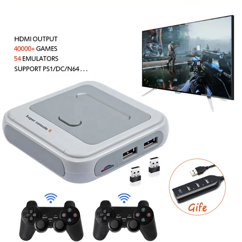 

2021 New Trading Product R8 Video Game Console Super Console X With 2 Wireless Controllers 4K HD Output For PS1 N64, Grey