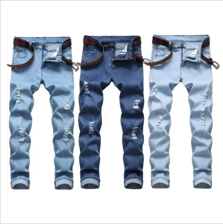 

Wholesale High Waist Fashion Stack Jeans Mens Denim Pant Man Distressed Ripped Hole Men's Jeans
