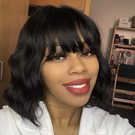 

Brazilian Body Wave Bob Wigs with Bangs Human Hair Short Wavy Wig None Lace Front 12 Inch Machine Made for Women Thick and Full