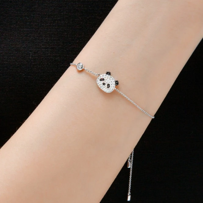 

Free Sample OOAK Panda Pave Setting Silver Plated Adjustable Chain Bracelet bolo with Zircon