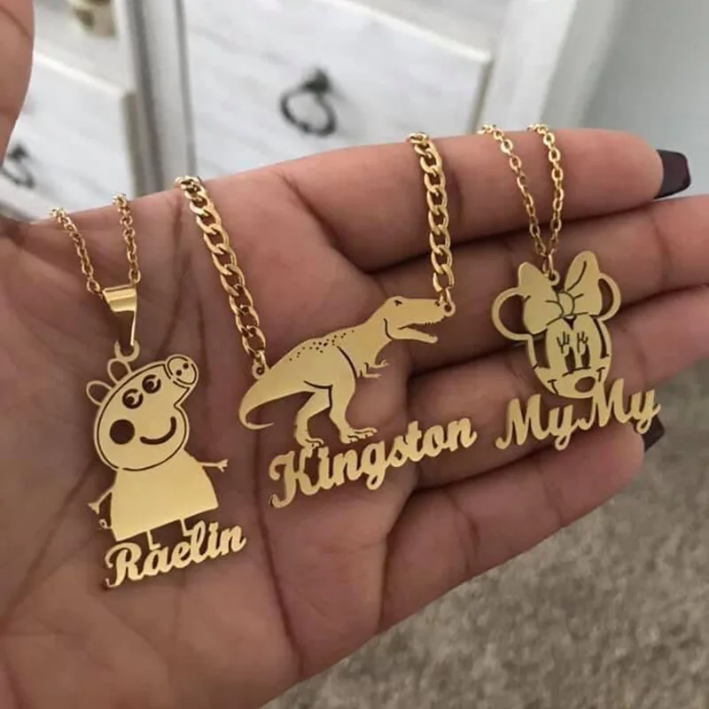 

18k Gold Stainless Steel Handmade Personalized Carton Character Baby Name Necklace, Silver/gold/rose gold