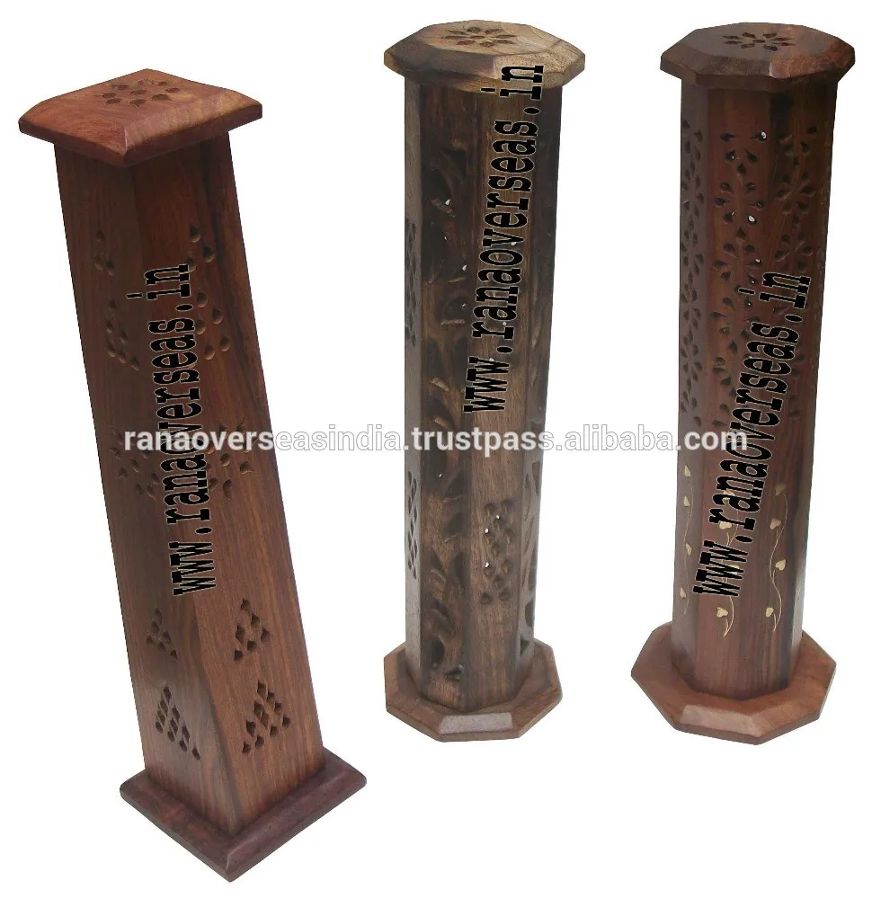 Wooden Tower Incense Holder Vertical Burner Sticks Cones Ash Catcher