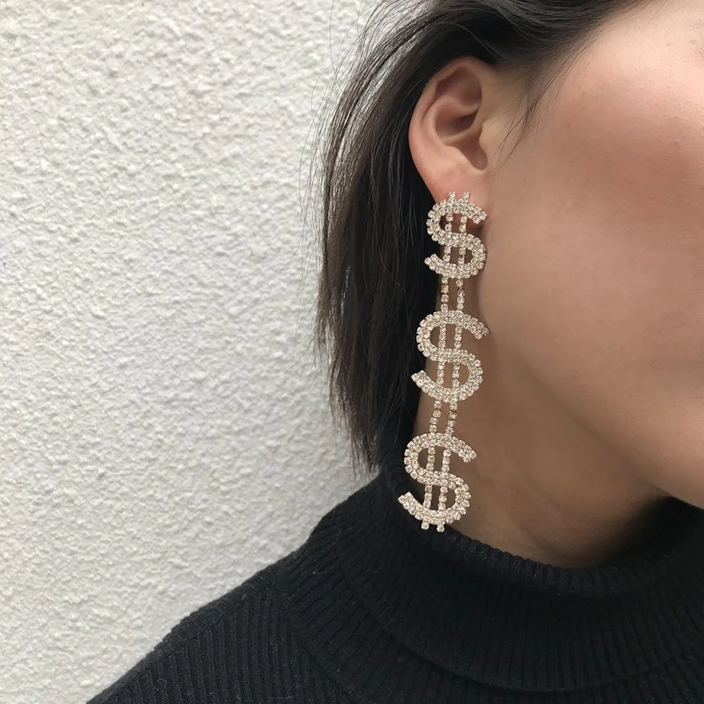 

R.GEM. Dangle Shiny Luxury Rhinestone Charms Dollar Letter Money Earrings for Women
