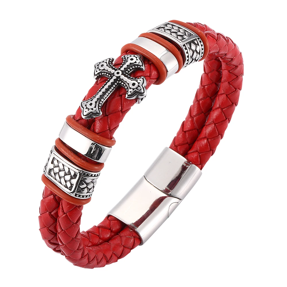 

Newest Red Double Braided Leather Cross Bracelet Men Jewelry Trendy Stainless Steel Magnetic Clasp Bangles Punk SP0099