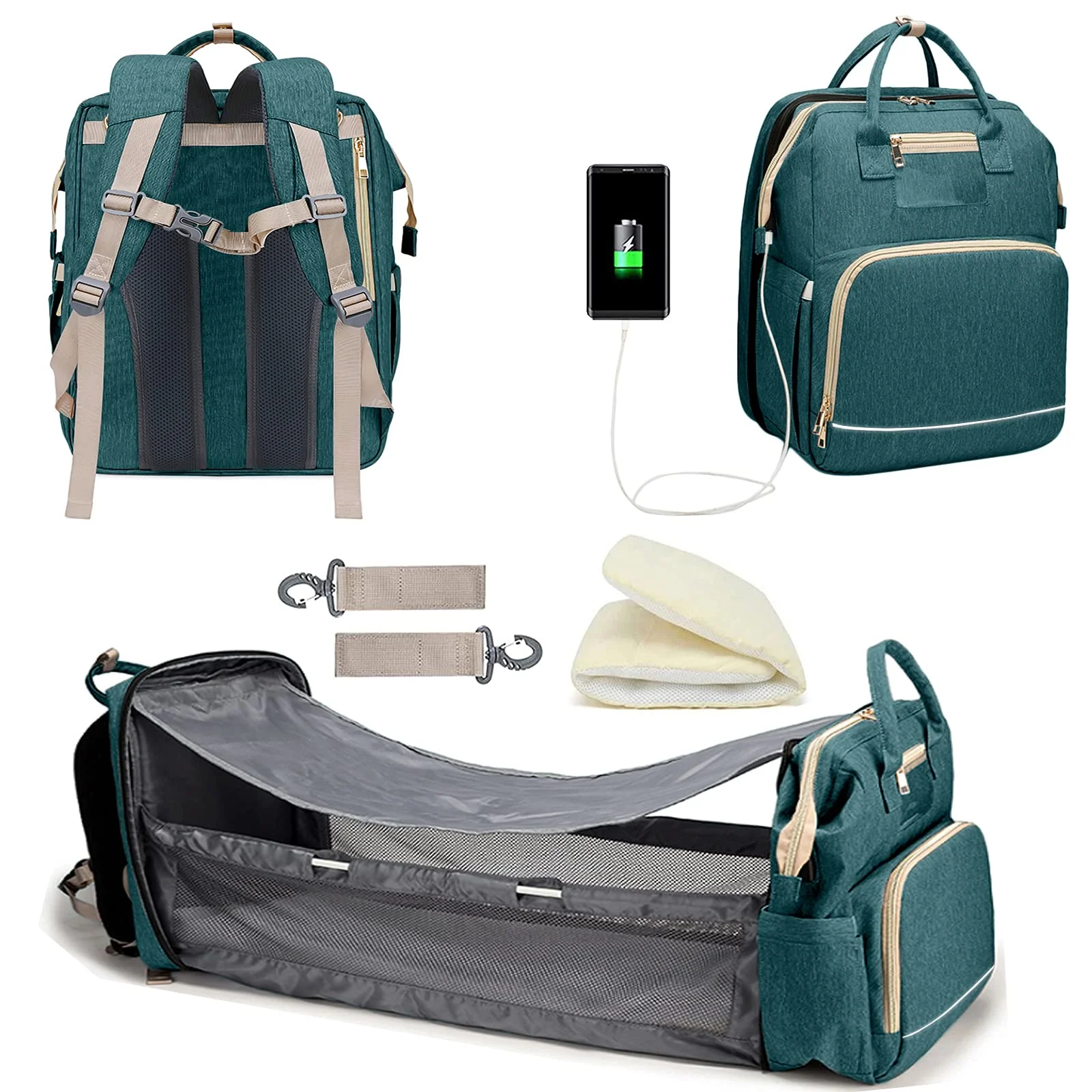 

Diaper Bag Backpack Baby Bag with Changing Station Portable Mommy Bag Foldable Crib Large Capacity Multifunctional with usb