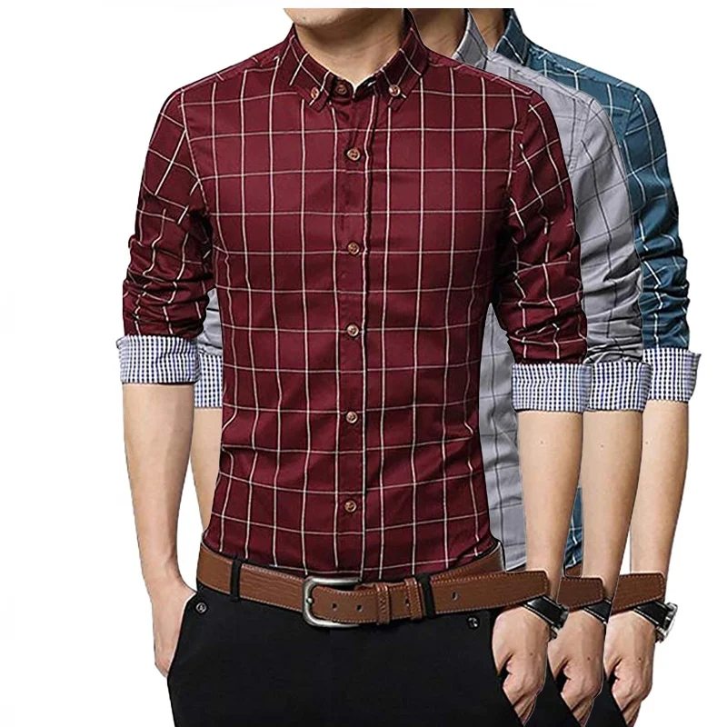 

men's Long Sleeve Wine Red Shirts Fancy Plaid Cotton Shirt