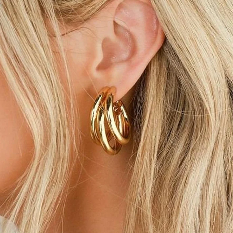 

Minimal Real Gold Plated Triple Hoop Statement Earrings Chunky Tube Hoop Earrings, Gold,silver