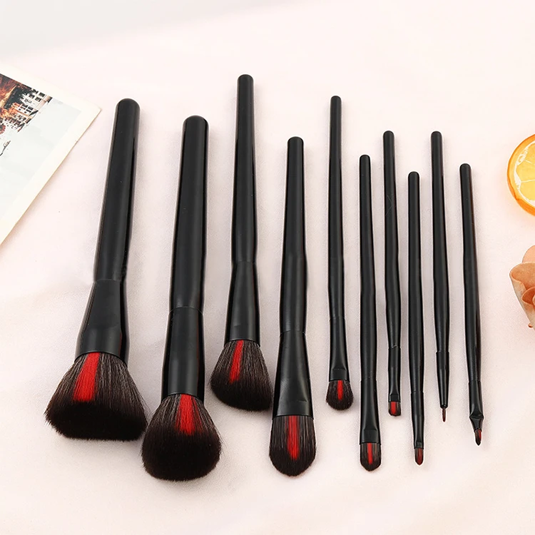 

2020 New Style Luxury Black 10pcs Professional Makeup Brush Set Cosmetics Tool with Red Soft Fiber for Woman Beauty