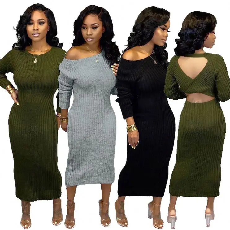 

Backless Knit Dresses Women Evening Big Size African Long Sleeve Maxi Casual Maxi Sexy Sweater Dress for Ladies RS00135