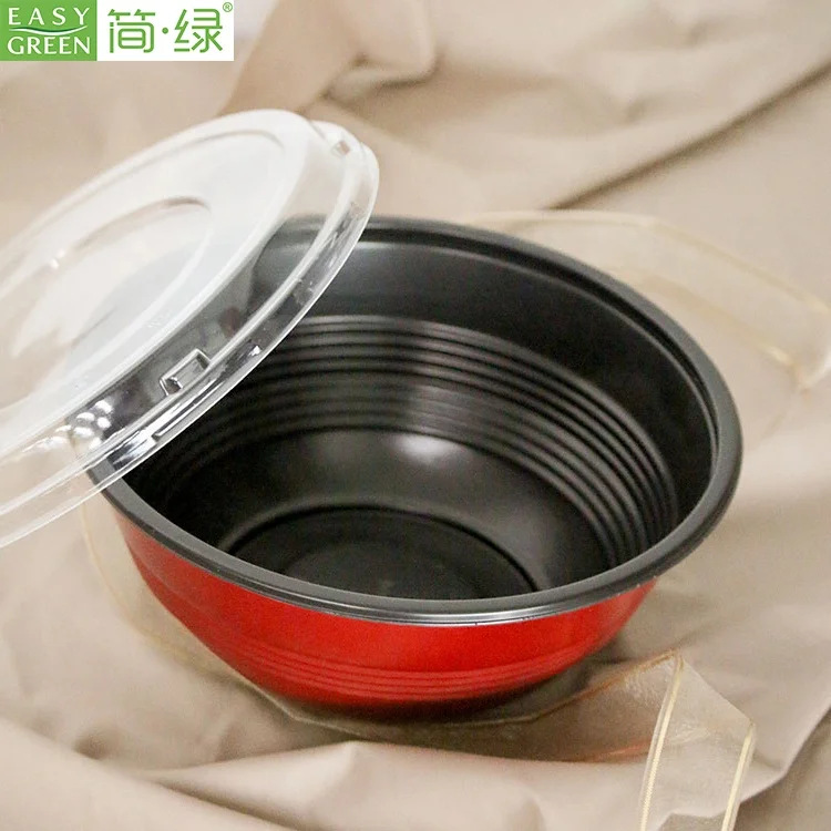 

Round black and red plastic microwavable disposable bowl with lid hot food