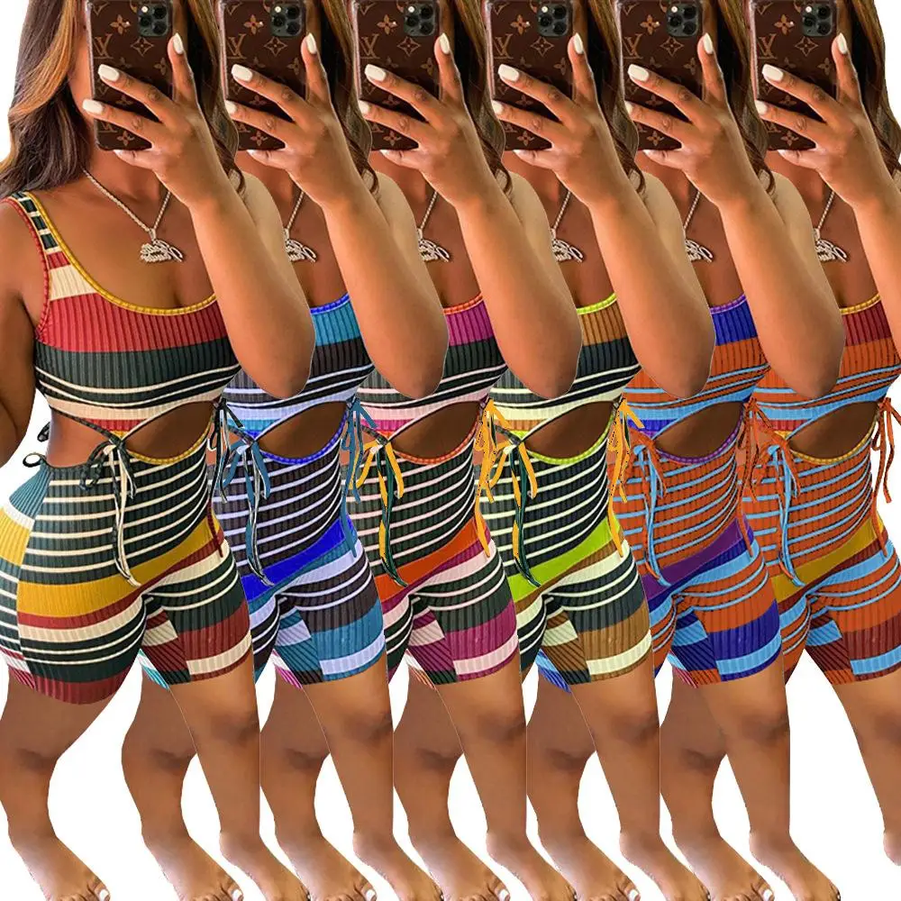 

New 2021 Two Piece Set Outfits Tracksuit Rib Colorful Striped Cutout Long Sleeve Spring Women Clothing Two Piece Pant Set