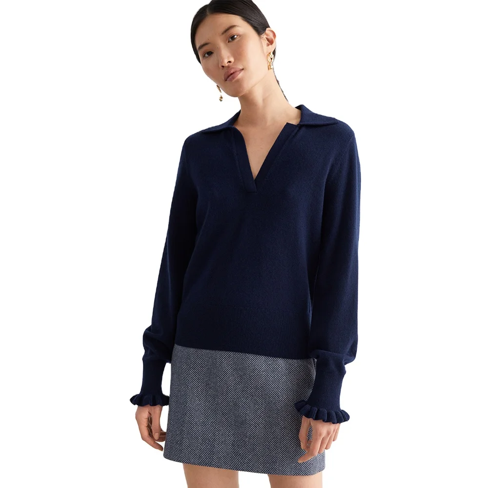 

2021 Wholesale Custom Women's sweater long sleeve knitwear Long sleeve wool knit Oversized Ruffled Wool Knit Polo women Sweater