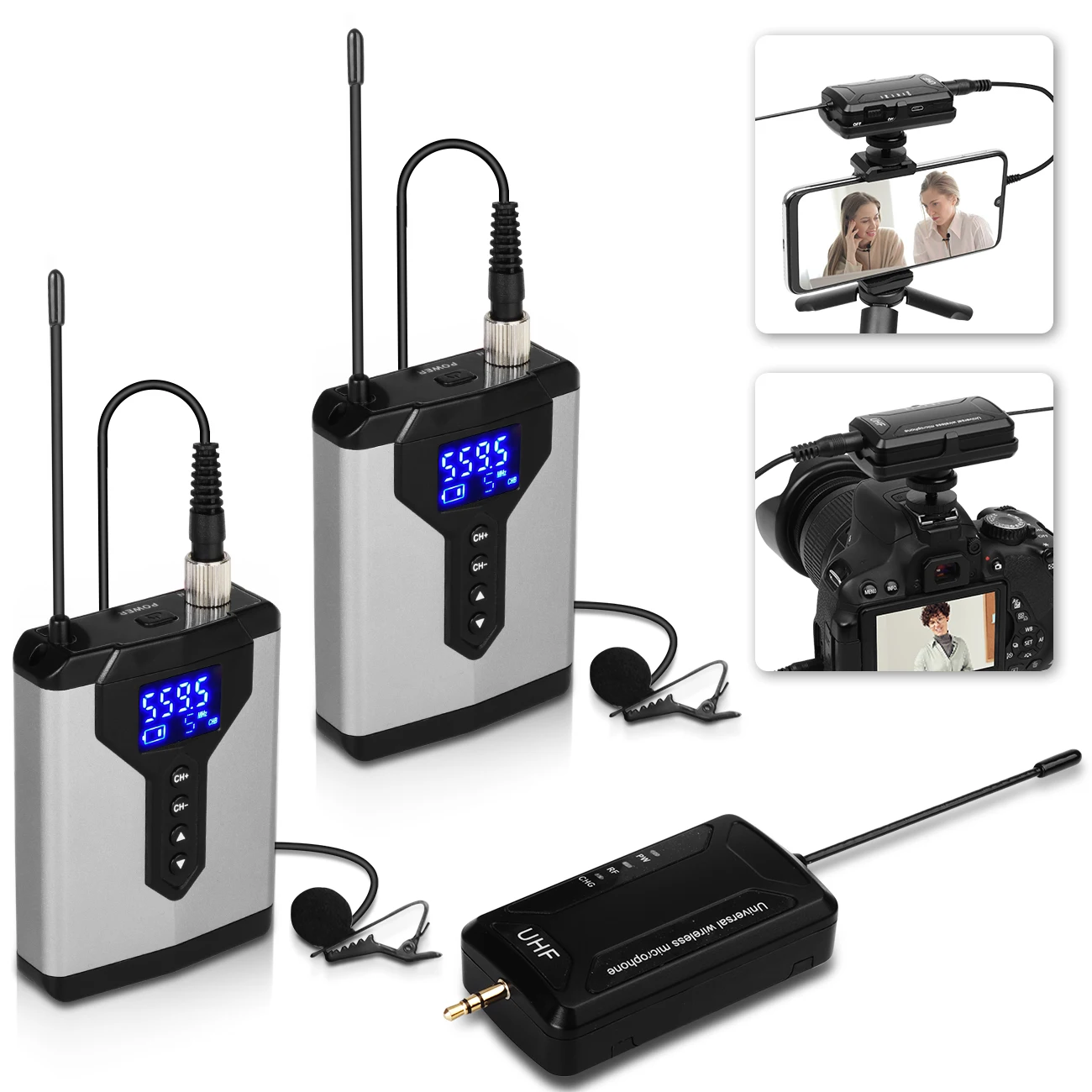 

Audio DV UHF Wireless Lavalier Microphone with Audio Monitor 50M Range For Phones DSLR Cameras Live Recording Interview