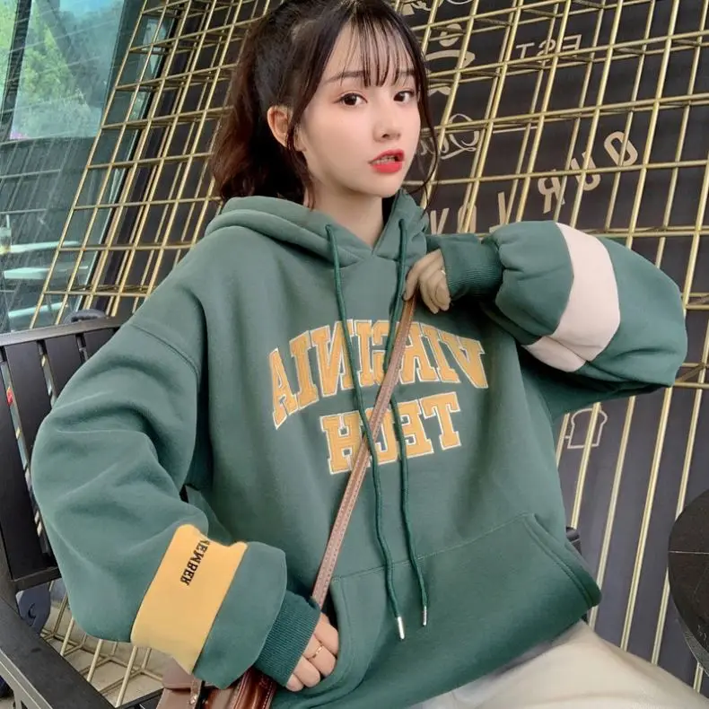 

2021 New arrival oversized women's clothes tops Hoodies Harajuku Warm Pullover Coat Drawstring Solid color Womens Korean style, 3 colorways