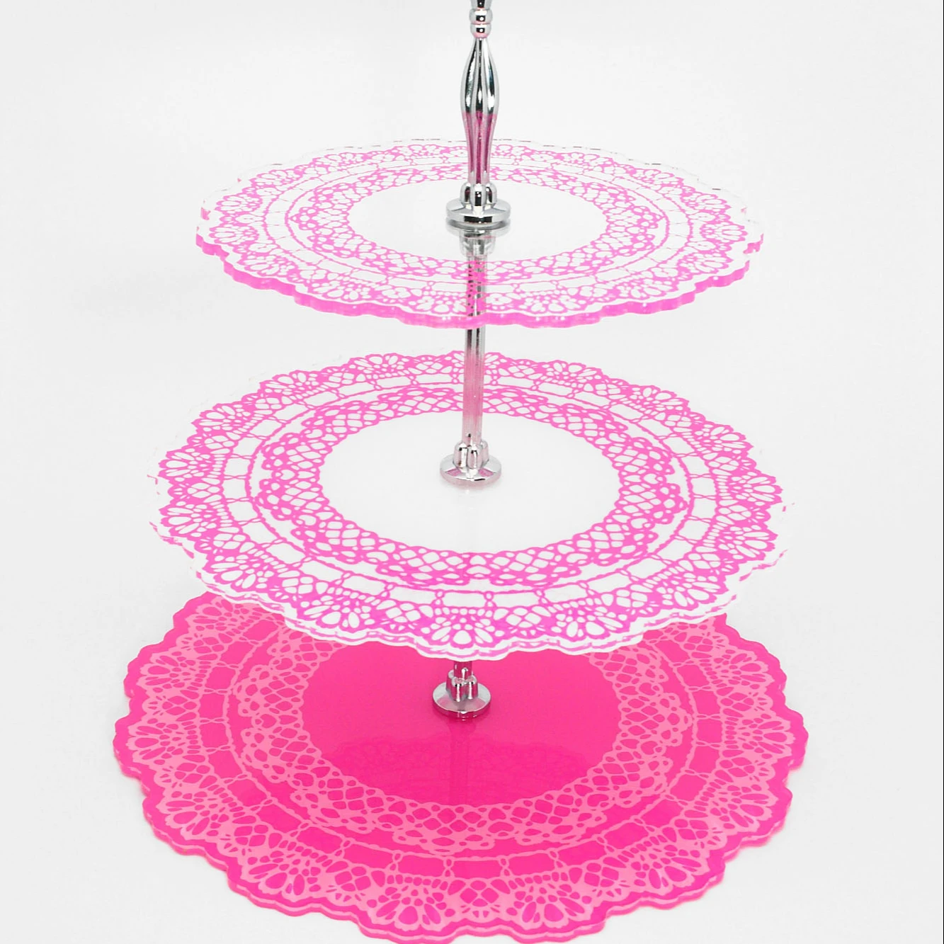 

3-Tier Acrylic cup cake stand with silver handle, Pink & silver, red & gold