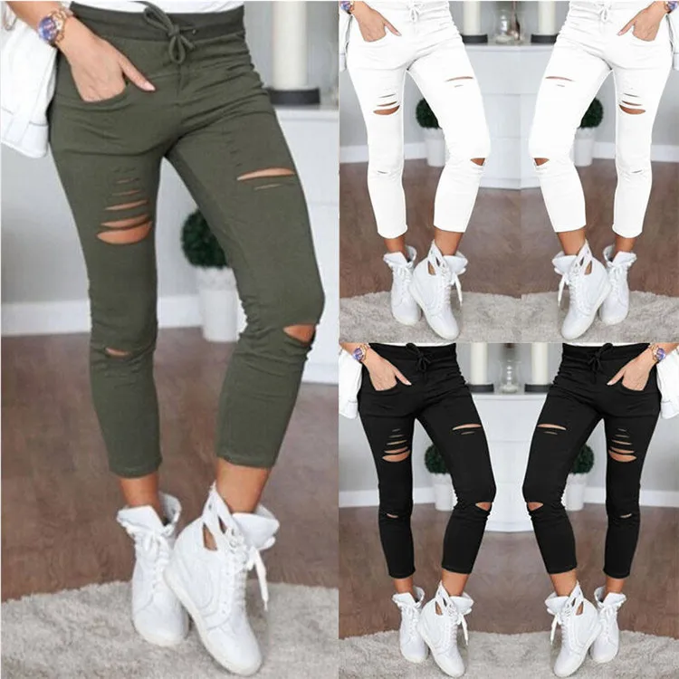 

New products women leggings cotton Drawstring solid leggings Pencil pants with holes, Customized color/as show