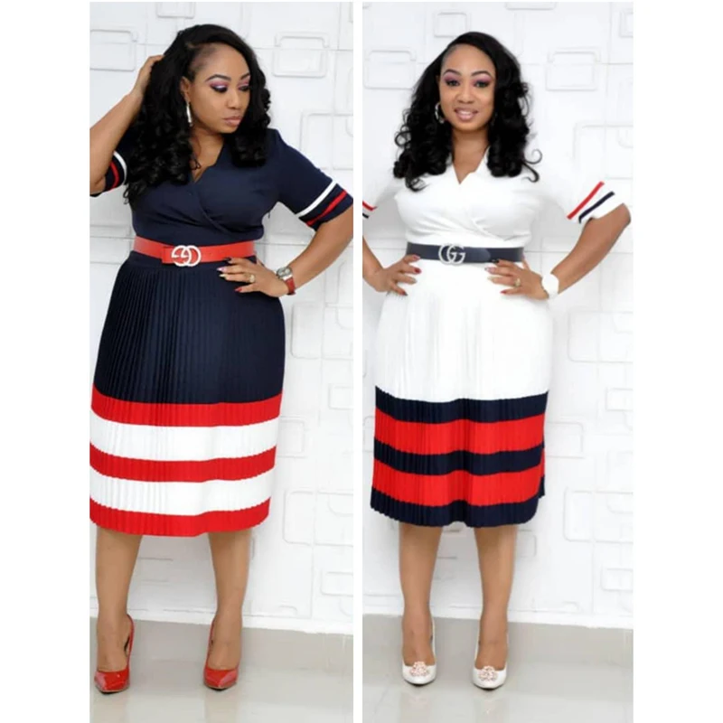 

Office Women Hot Sexy Strip Casual Ladies Pleated Fashion Summer African Dress