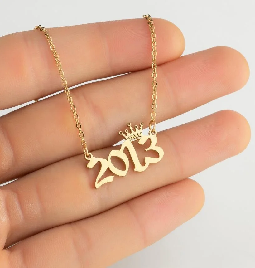 

Custom Number Personalized birth year necklace stainless steel Gold Silver Old English 1980-2020 Crown Year Letter Necklace, Gold color