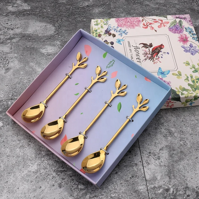 

Hot Selling Gift Set Gold Teaspoon Stainless steel Tea Coffee Dessert Long Handle Leaf Spoon, Silver, gold, colorful