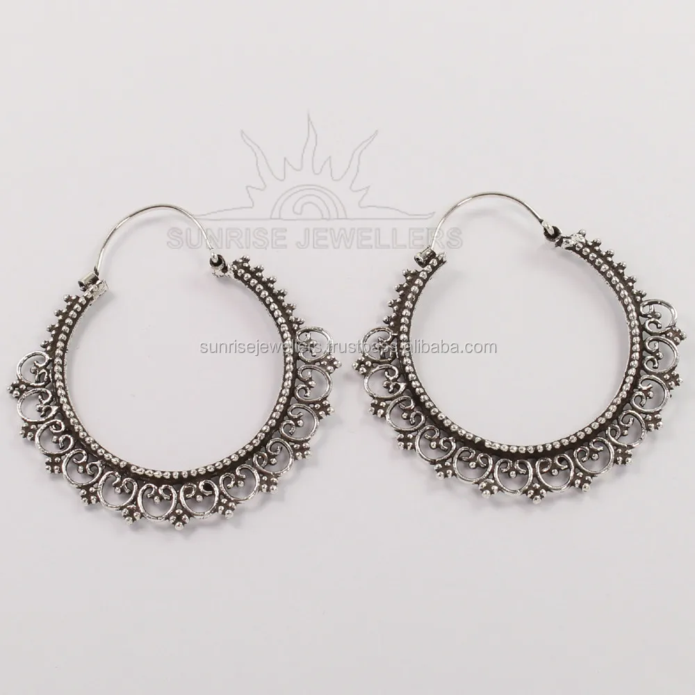 925 Balinese Traditional Hoop Design Earring 23745 Solid Silver 