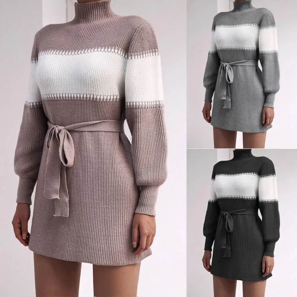 

2021 New Arrivals Winter Female Puff Sleeves Striped Turtleneck Wool Sexy Ribbed Jersey Knitted Sweater Dresses Casual For Women