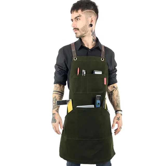 

Garden Dental Cooking Chef Cafe Bib Work Green Waxed Canvas Leather Trim Woodwork Bbq Shop Hair Apron, Military green