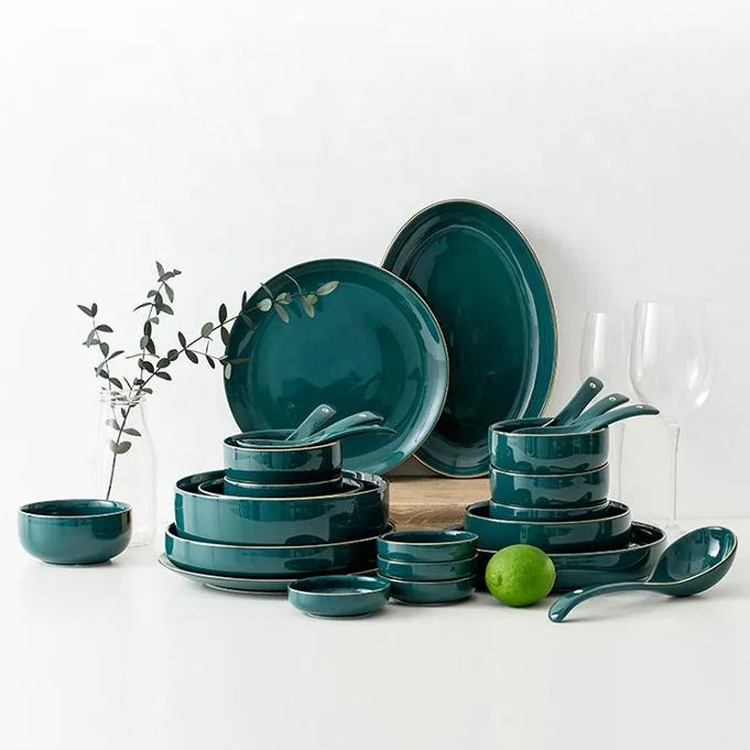 

Green color high quality cheap glazed creative restaurant dish for couple ceramic plates set dinnerware, Customized color