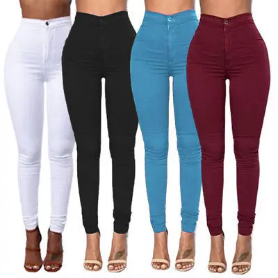 

ankle-length pants thin style Candy color pencil feet high waist stretch slim women high waist plus size denim white jeans pants
