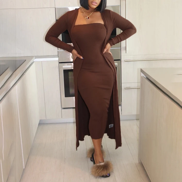 

Casual Solid Color Strapless Midi Dress And Long Coat Women 2 Piece Dress Set, Pink,black,green,coffee,red,blue,army green,purple,yellow