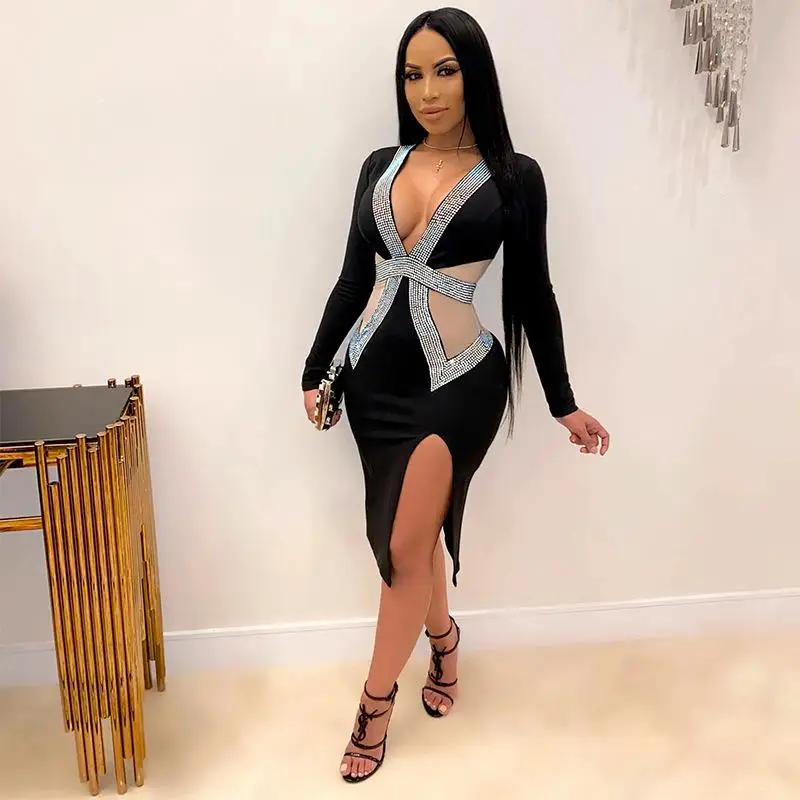 

Oem Robes Femmes Hot Sale Lady Women Long Sleeve Party Bodycon Stylish Sexy Dress Plus Size Mesh Tight Night Club Dress
