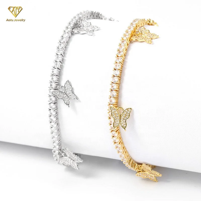 

Hot Selling Fashion Jewelry iced out 3mm 18k gold silver plated tennis chain butterfly bracelet, Picture shows