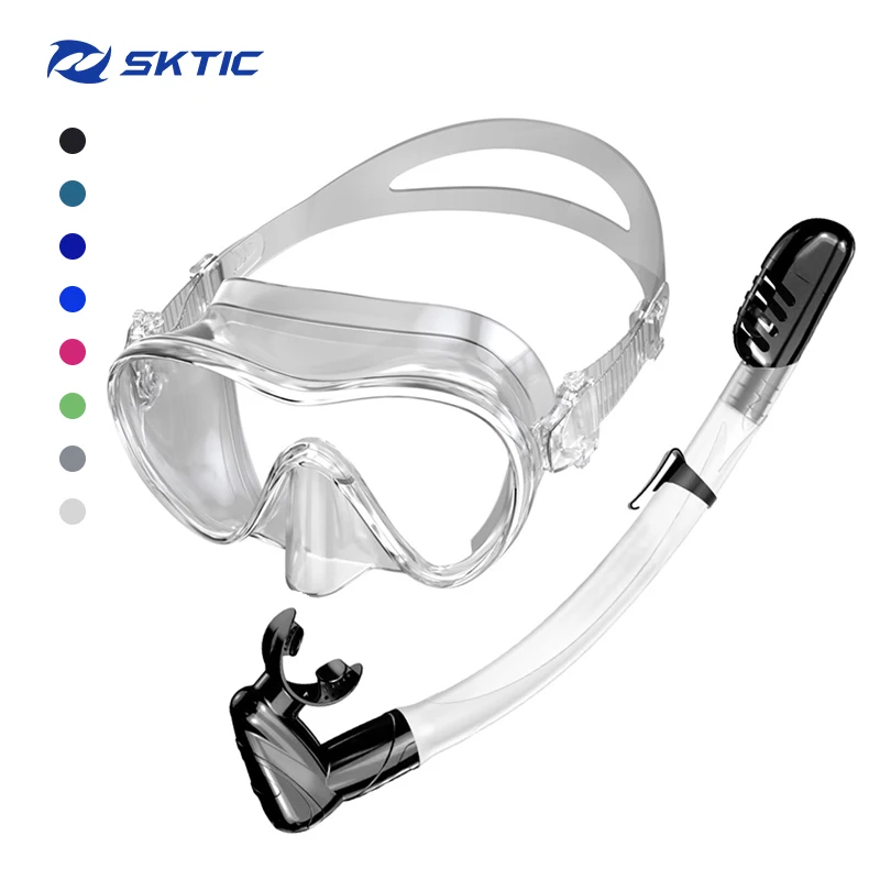 

SKTIC Factory Professional Diving Mask Snorkels Goggles Panoramic view Tempered Glasses smooth breathe snorkel Tube Set, Transparent