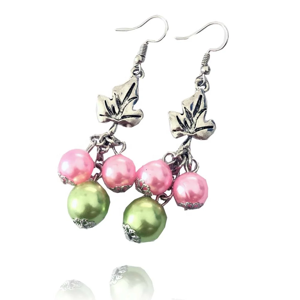 

Greek Alpha letter sorority IVY charm pink and green pearl Earring Designer greek costume Jewelry, Picture