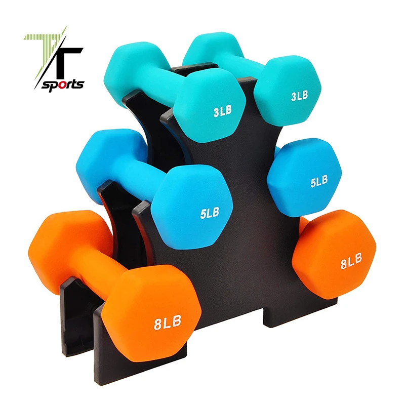 

TTSPORTS Customized Logo Colorful Neoprene Iron Hex Dumbbell With Storage Stand, Blue/orange/hot pink;purple/red/green or custom color