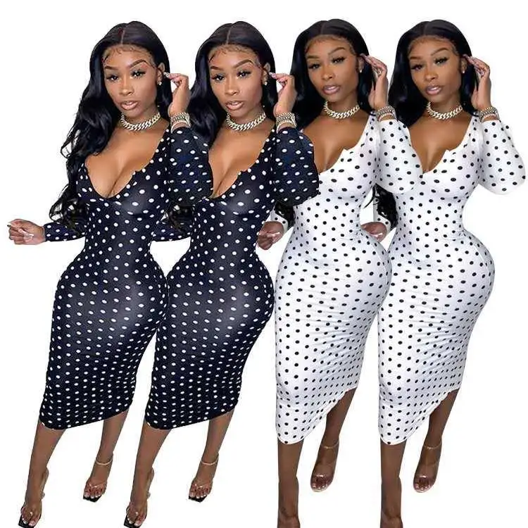 

Hot Sale Trendy 2021 Spring New Arrivals Casual 2 Color Women Sexy Dot Printed Long Sleeve V-neck Long Bodycon Formal Dress
