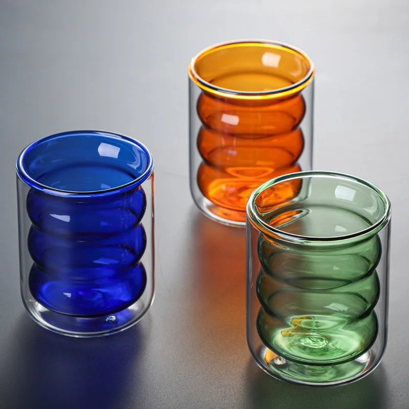 

Color double-layer cup spiral high borosilicate heat-resistant glass mug, Clear,amber,green,blue