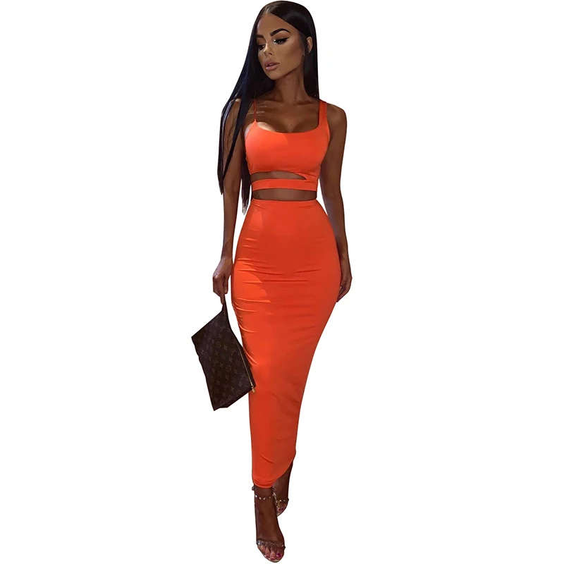 

Kliou casual sets 2020 womens clothing two piece sweat suit women hollow out crop top high waist elastic skinny long skirts