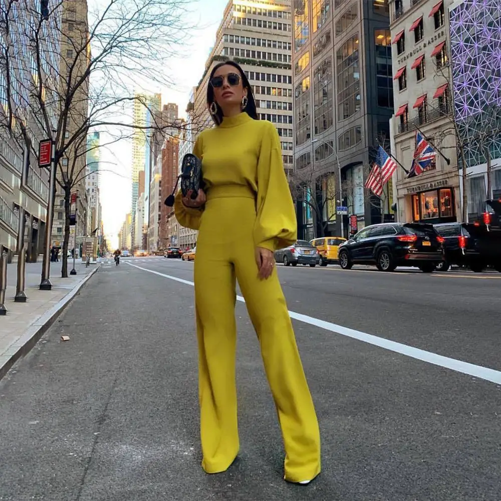 

Elegant High Neck Lantern Long Sleeve Autumn Solid Yellow Color Ladies Romper Wide Leg Fall One Piece Jumpsuits For Women 2021, Yellow,black,white